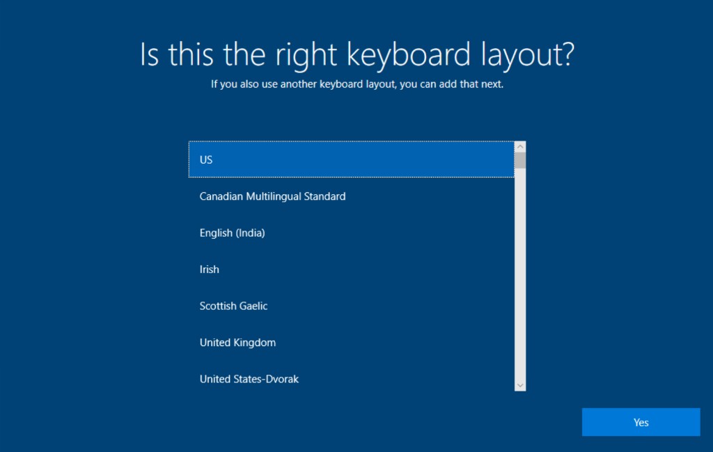 OOBE: keyboard US