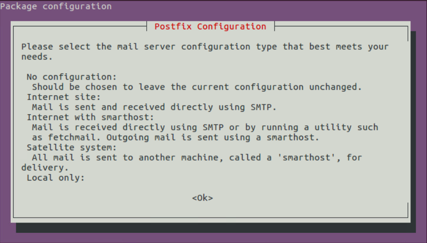 Диалог конфигурации Postfix