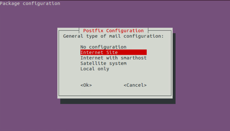 Диалог конфигурации Postfix